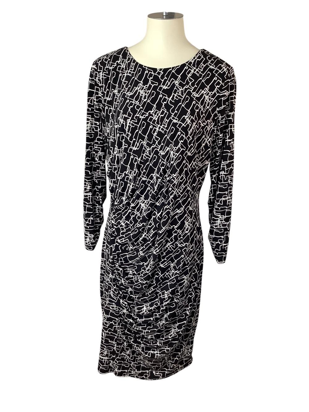 DKNY Black & White Geometric Ruched Sheath Dress Size 16